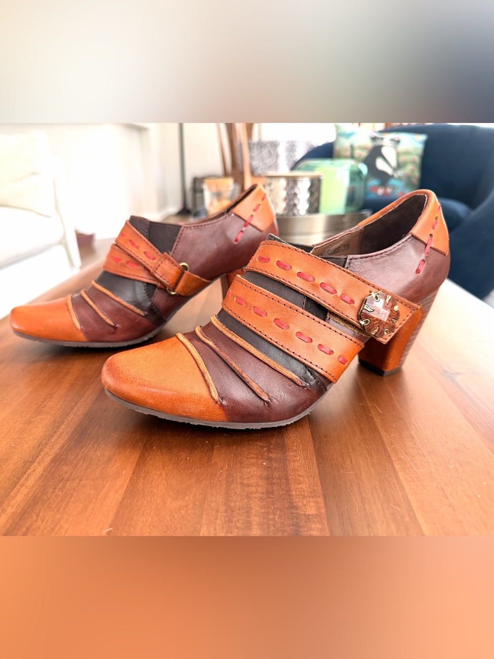 Spring Step L’Artiste Size 38 Leather Boho Heels Brown Orange Whipstitch
